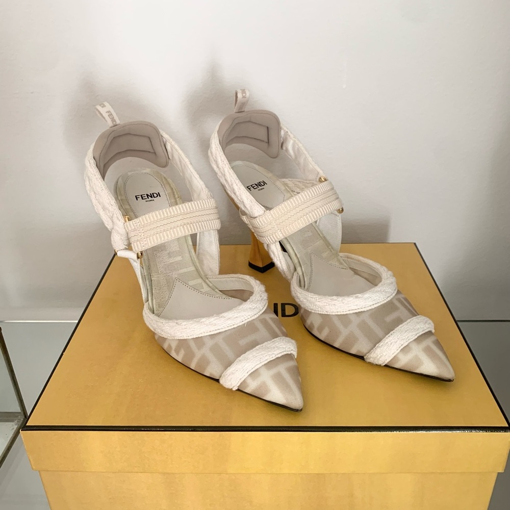 Fendi Beige Mesh and Fabric Colibri Pointed Toe Slingback with Gold heel -